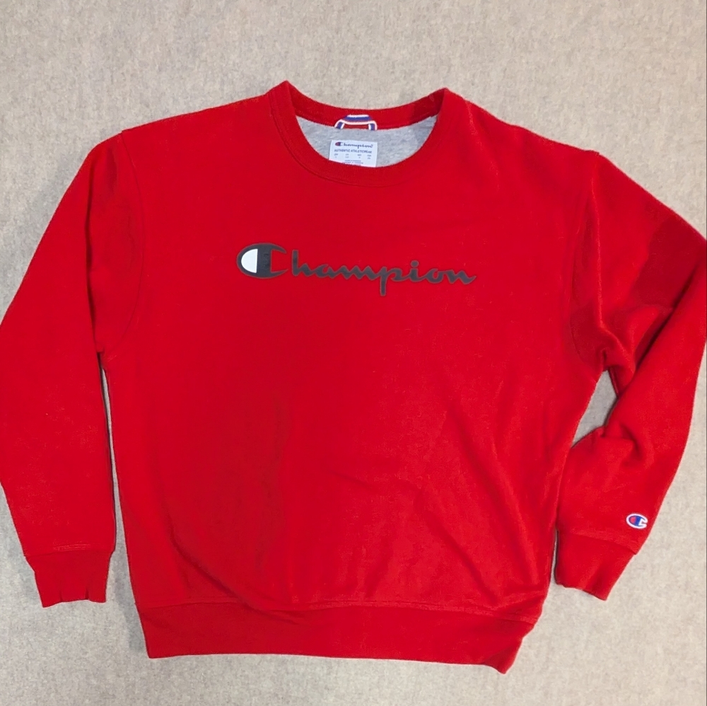 Champion Vibrant Red Logo Crewneck Sweatershirt Unisex Size Large